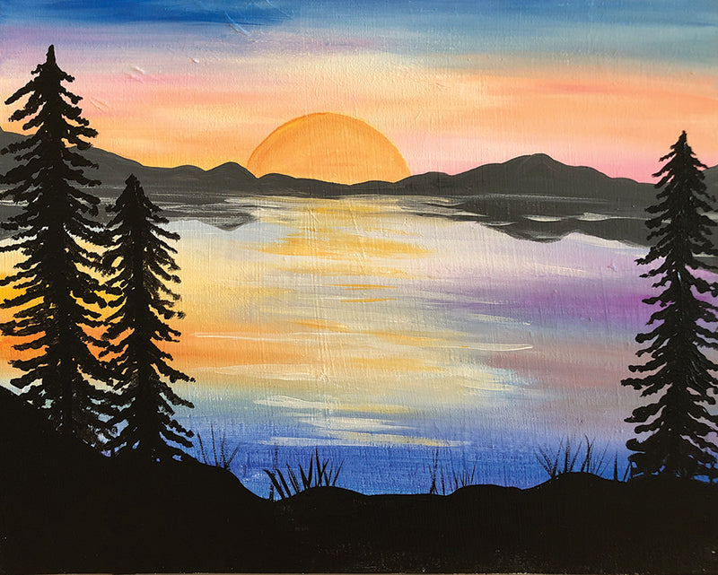 mountain lake sunset painting
